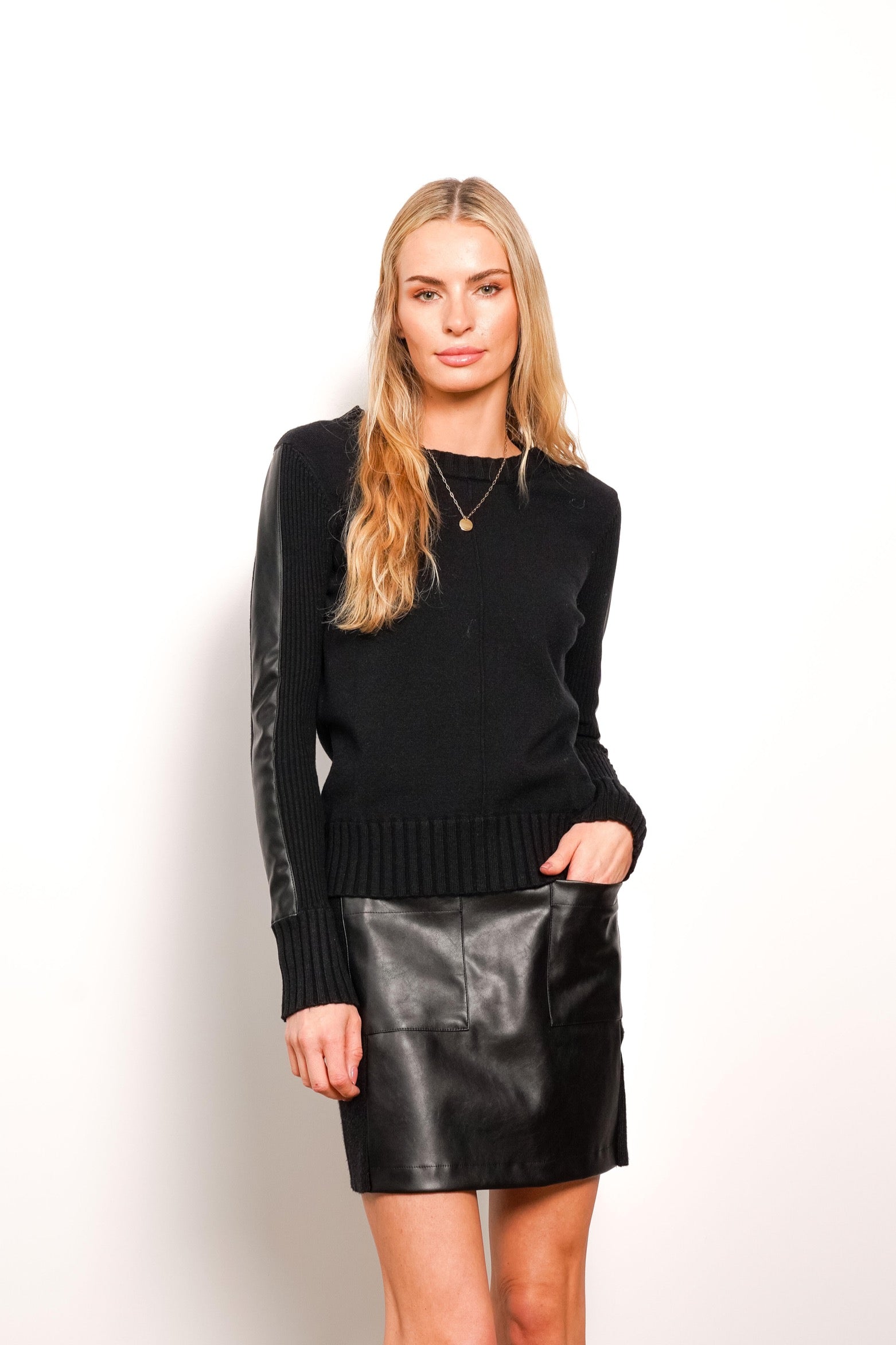 Khloe Leather Stripe Sleeve Crew Neck