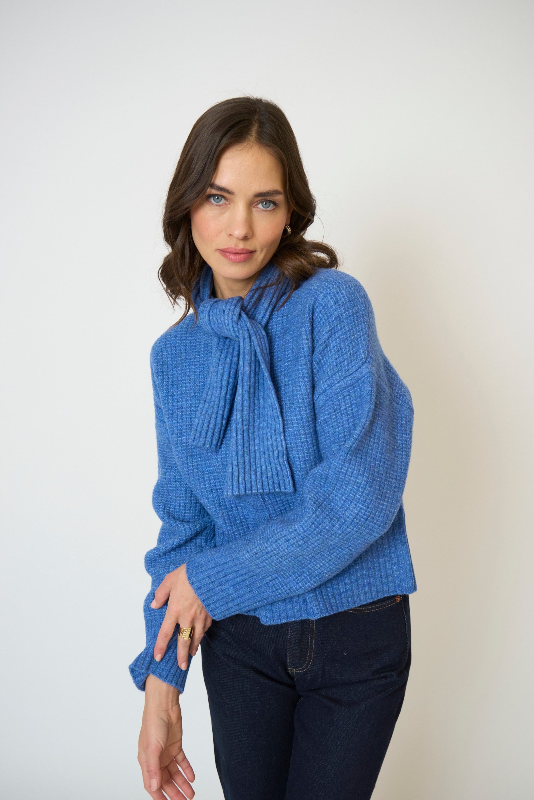 Rayna Scarf Neck Waffle Stitch Sweater