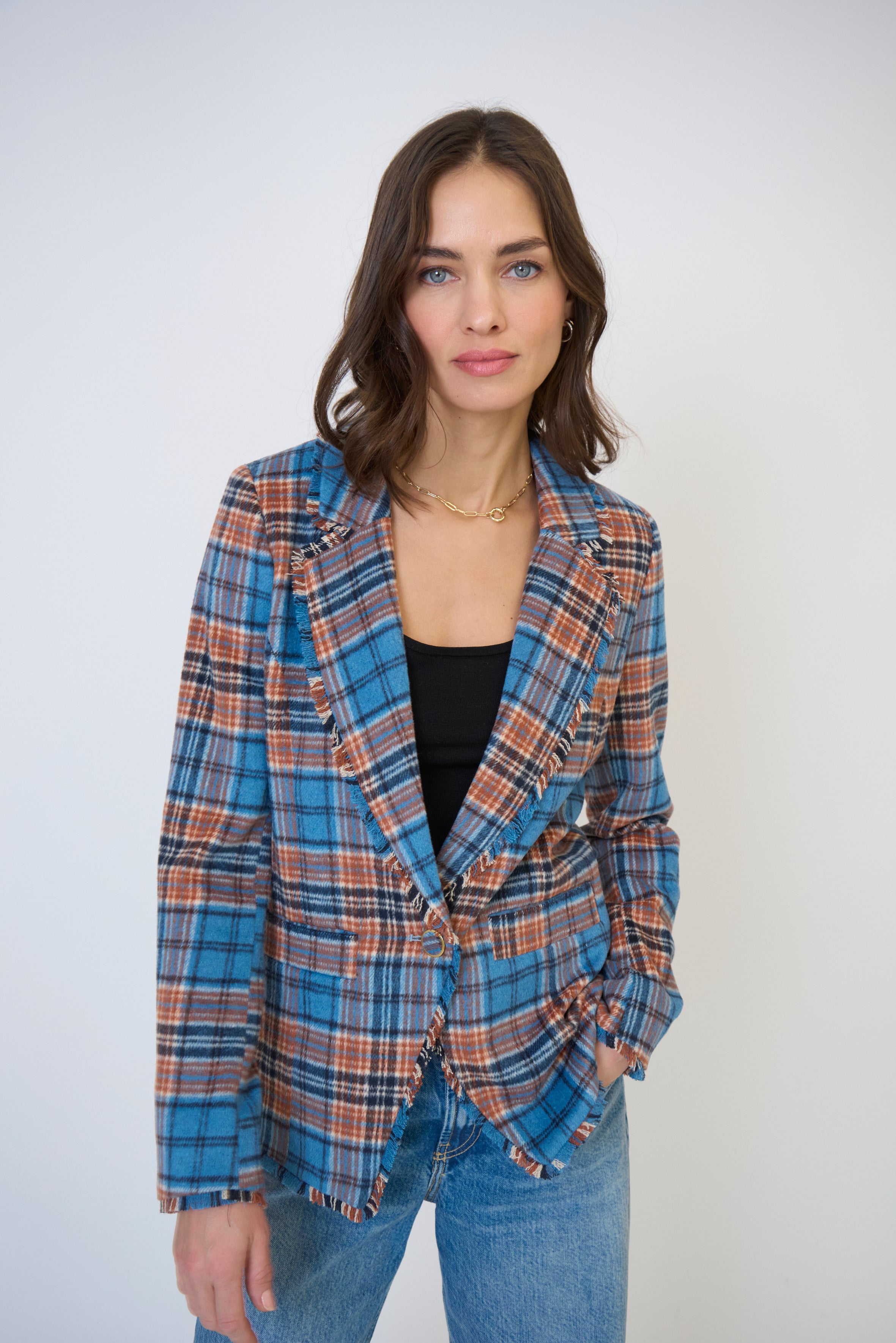 Elyse Plaid Fringe Blazer