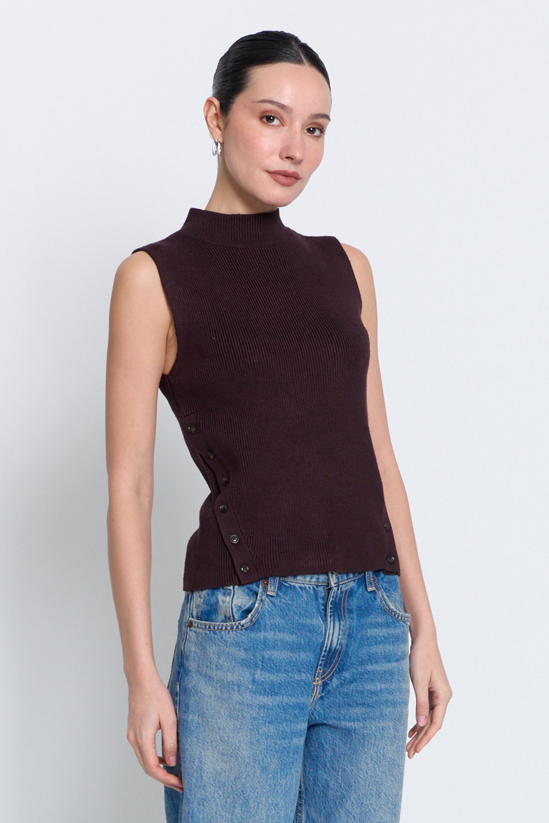 Birch Sleeveless Turtleneck With Button Detail