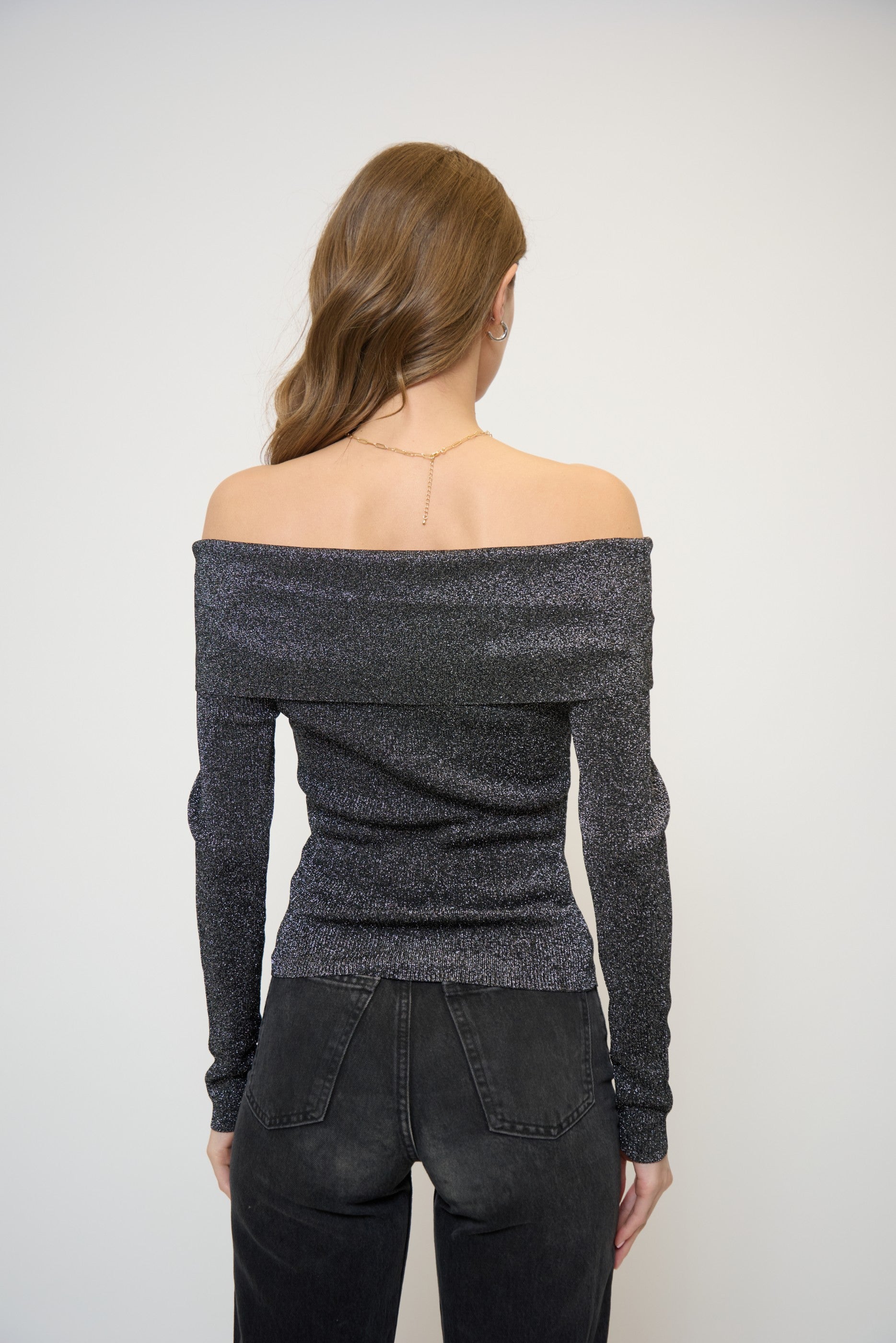Colette Ribbed Lurex Off The Shoulder Sweater
