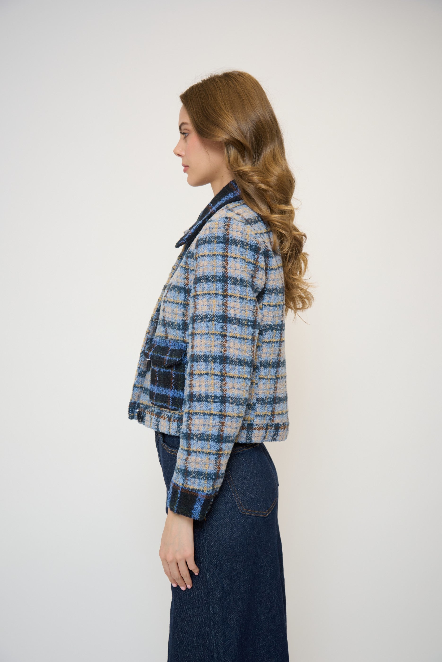 Daphne Cropped Mixed Plaid Patch Pocket Jacket