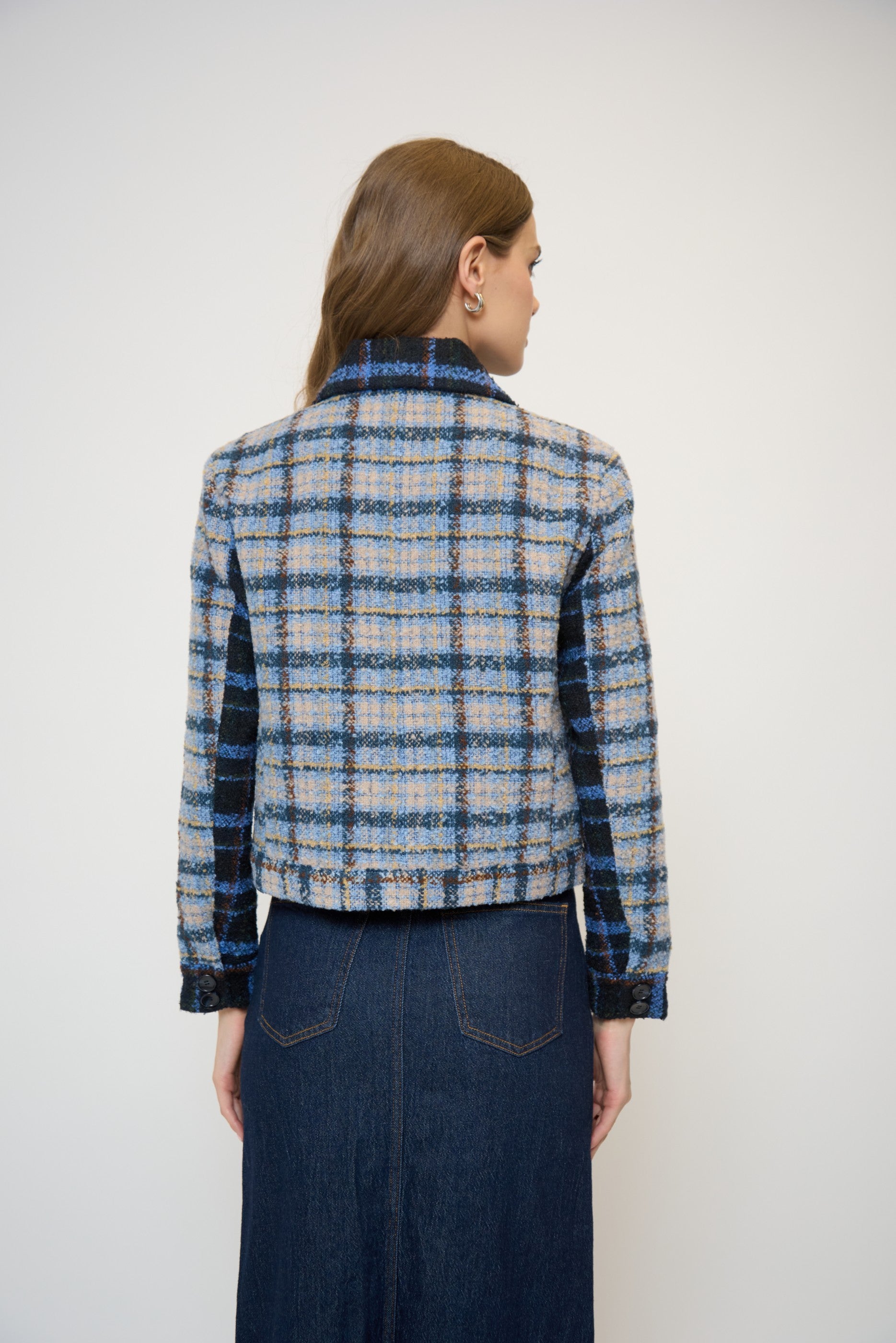 Daphne Cropped Mixed Plaid Patch Pocket Jacket