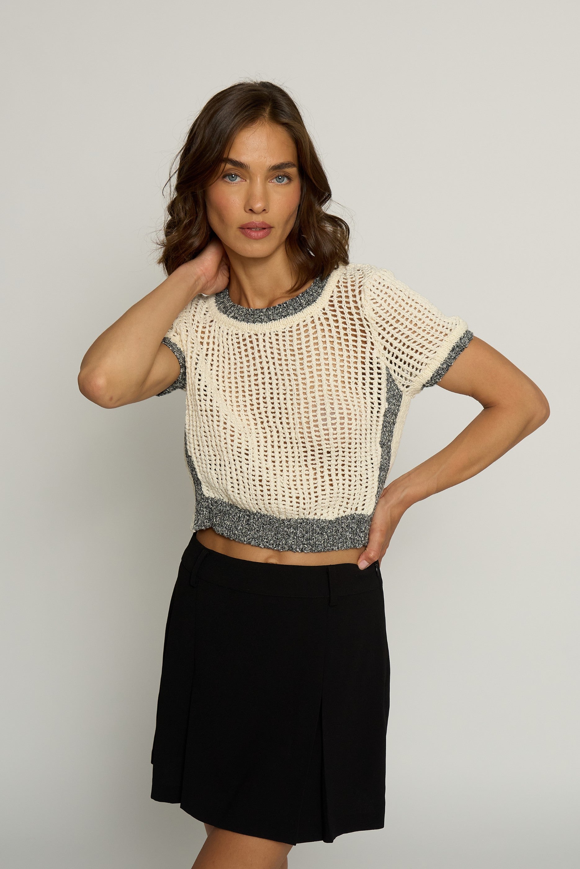 Cropped Mesh Stitch Creneck