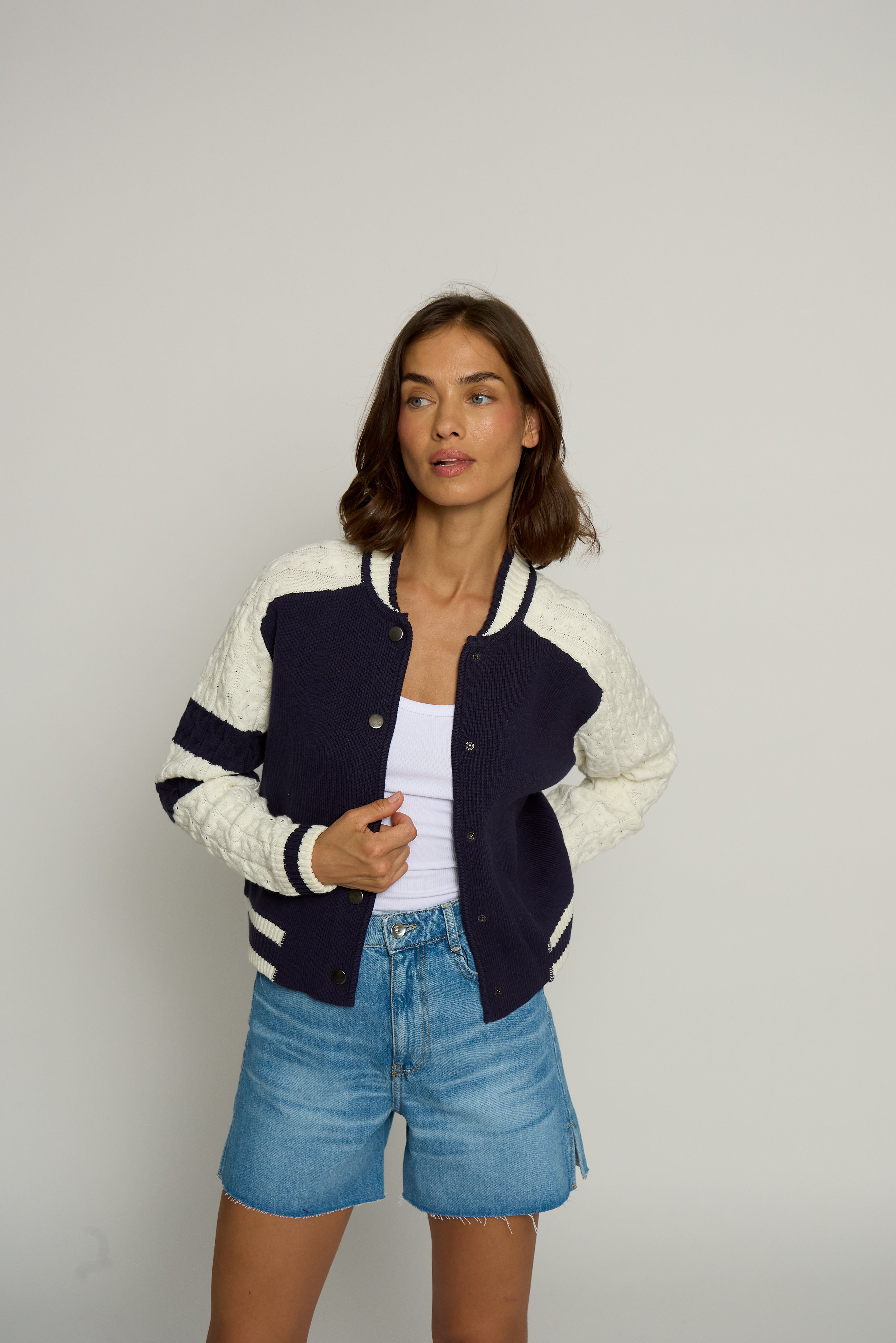 Cable Sleeve Knit Bomber