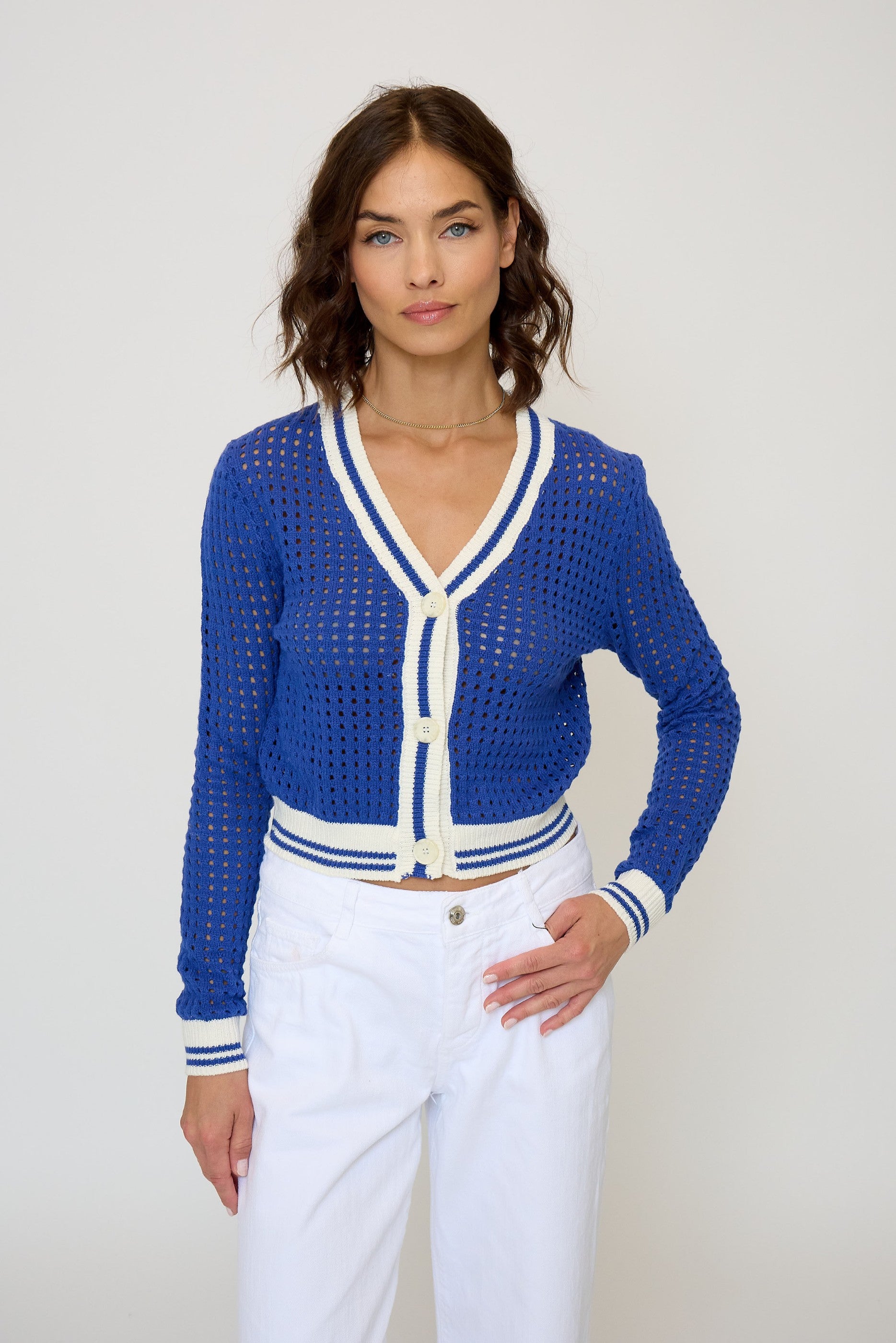 Junie Varsity Mesh Stitch Cardigan