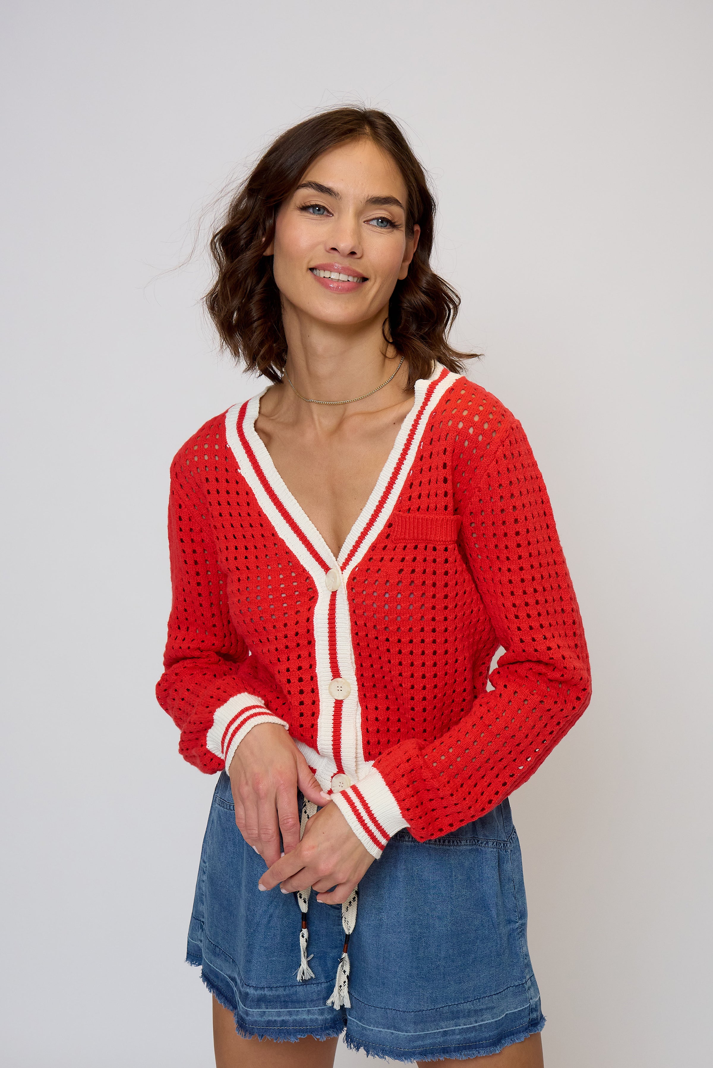 Junie Varsity Mesh Stitch Cardigan
