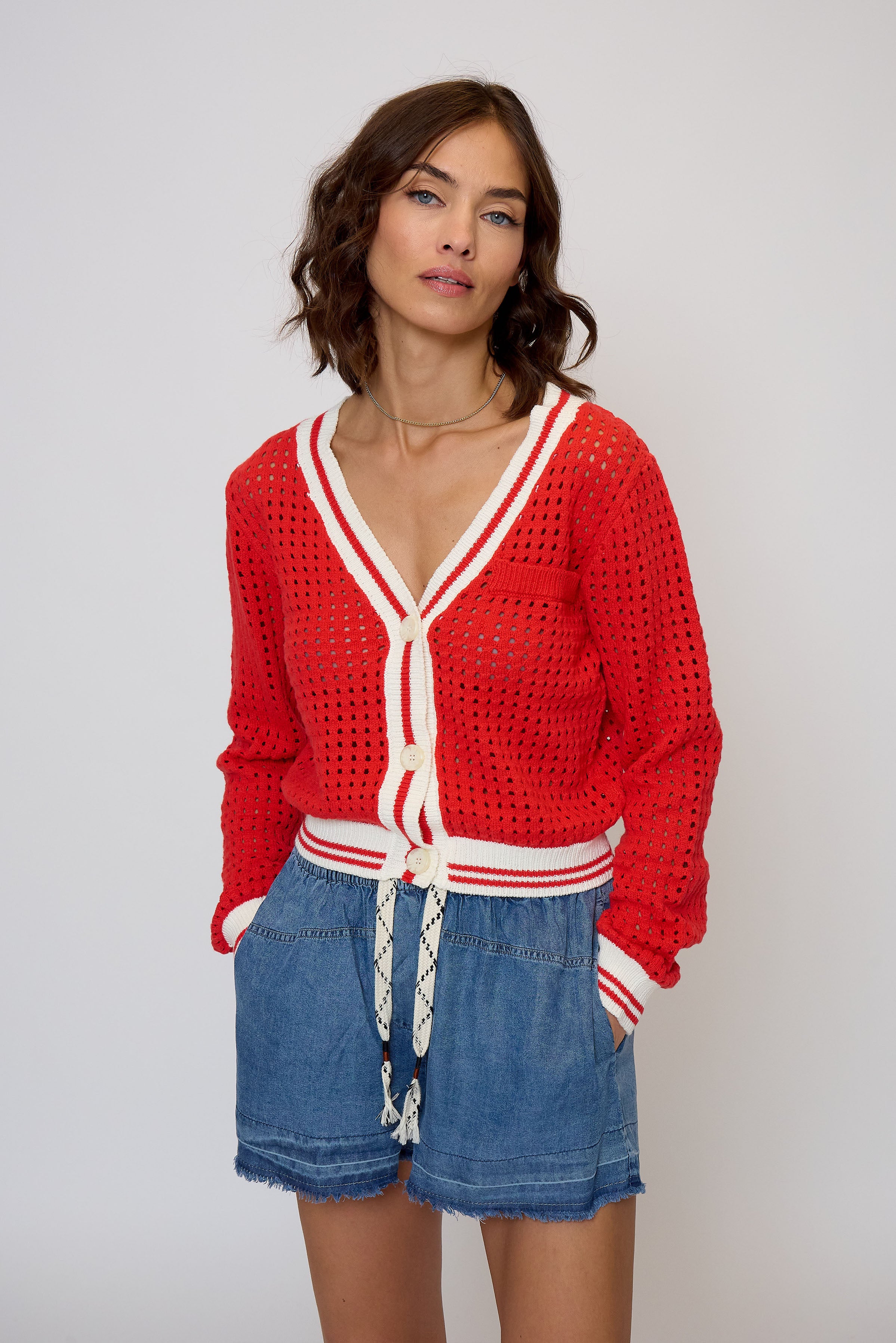 Junie Varsity Mesh Stitch Cardigan