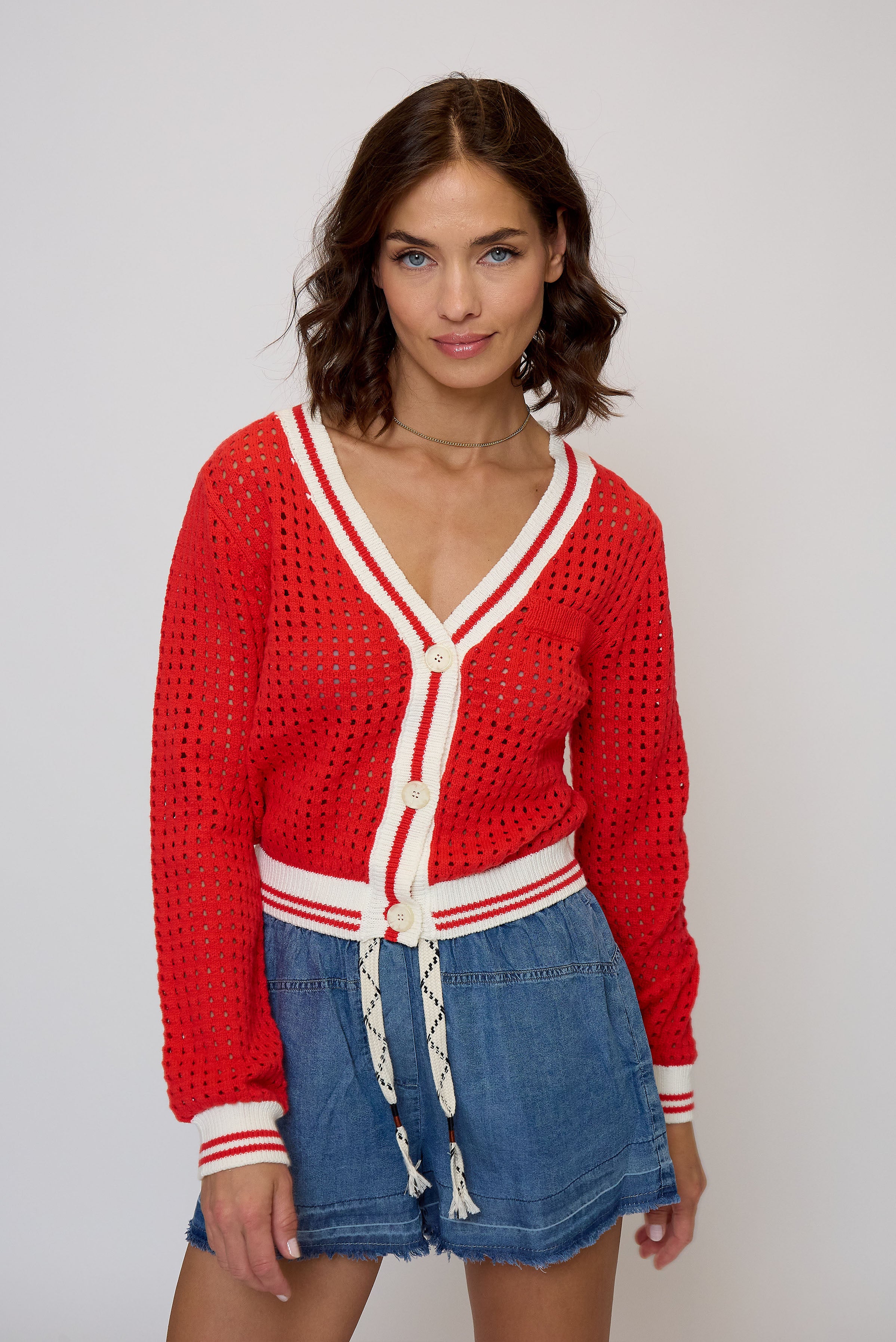 Junie Varsity Mesh Stitch Cardigan