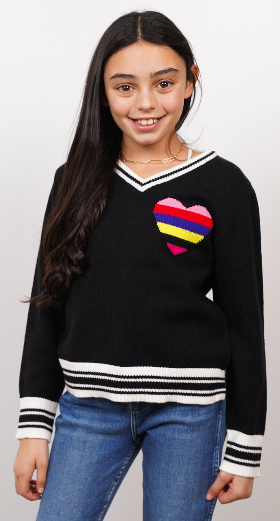 Cora Varsity Stripe Heart V-Neck