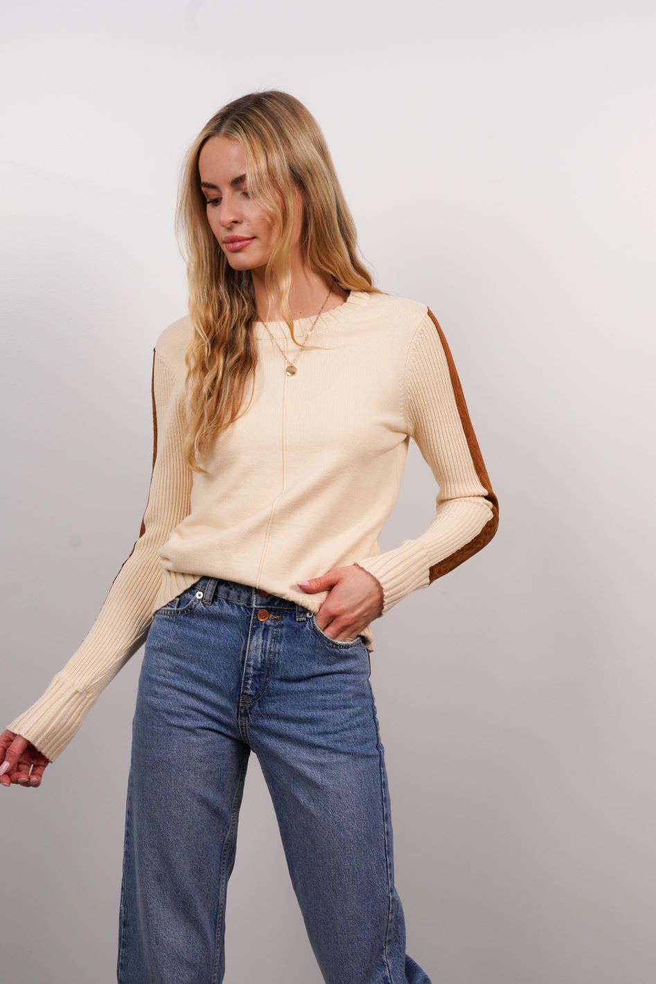 Khloe Leather Stripe Sleeve Crew Neck