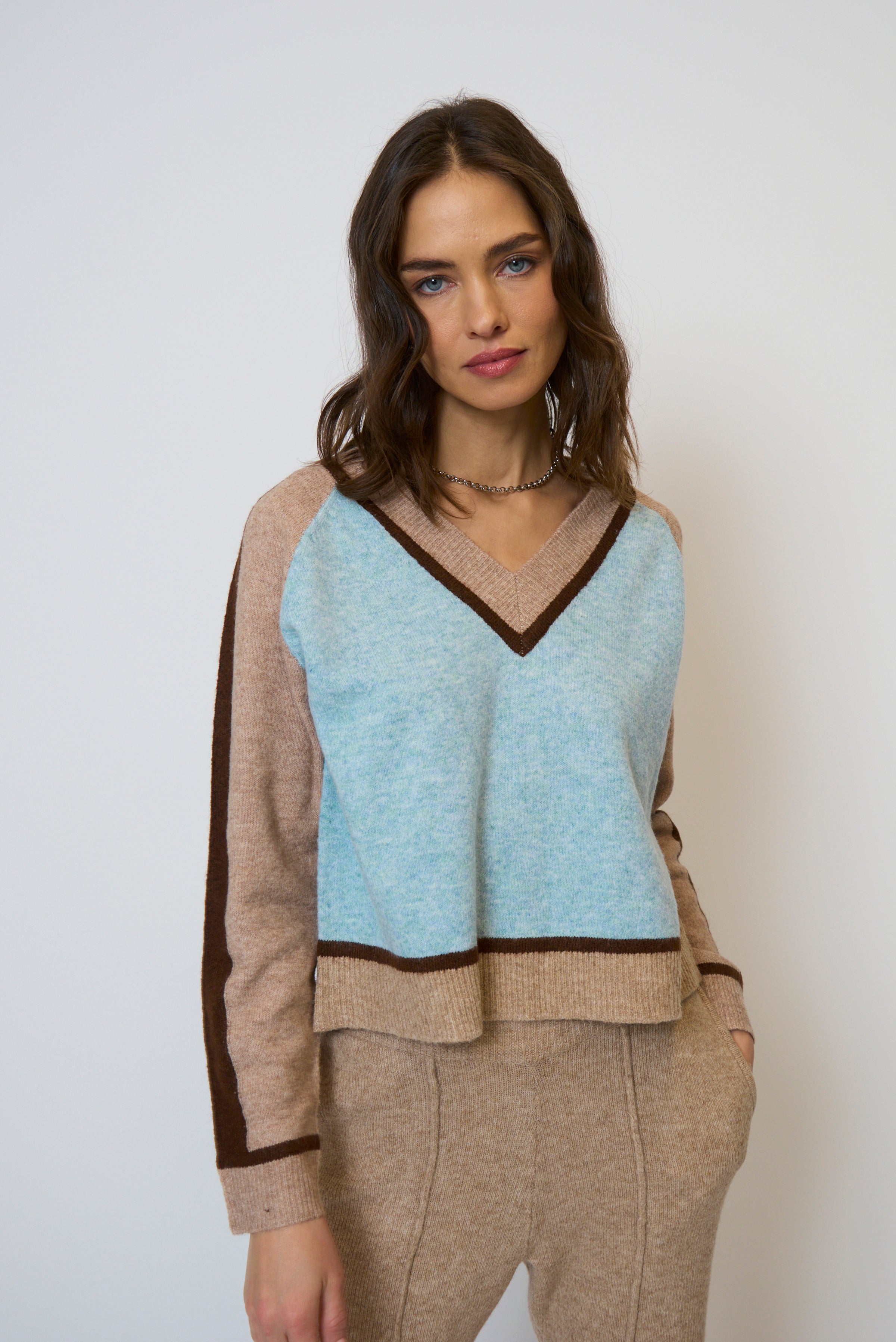 Ash Color Blocked V Neck
