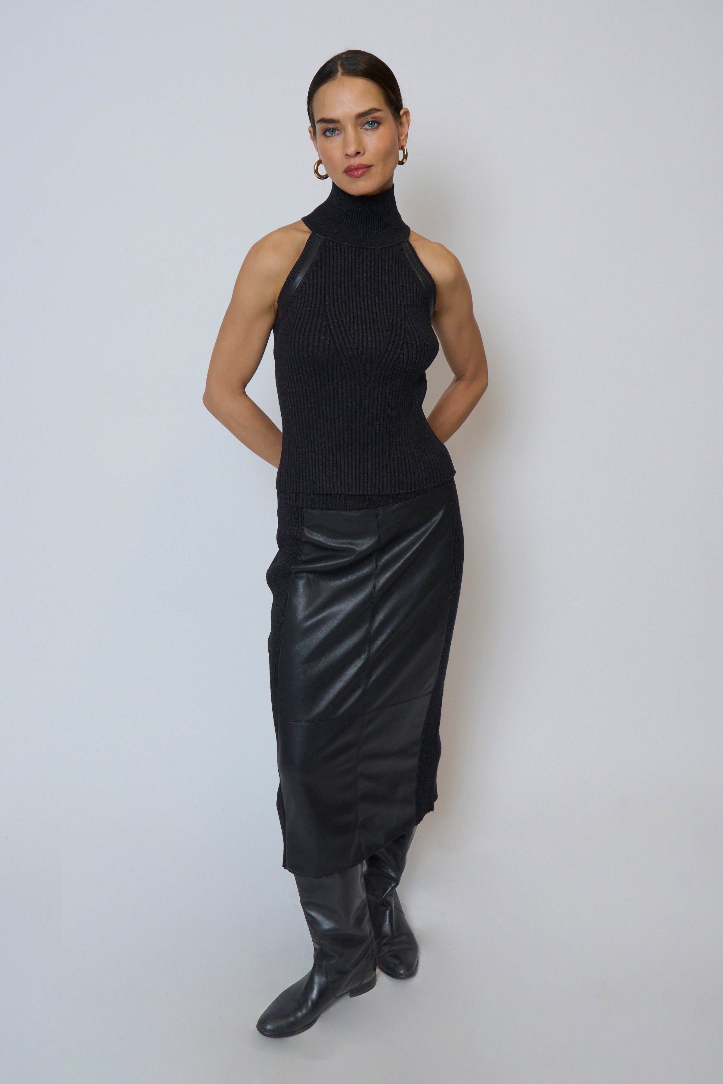 Milan Vegan Leather Accent Sleeveless T-Neck