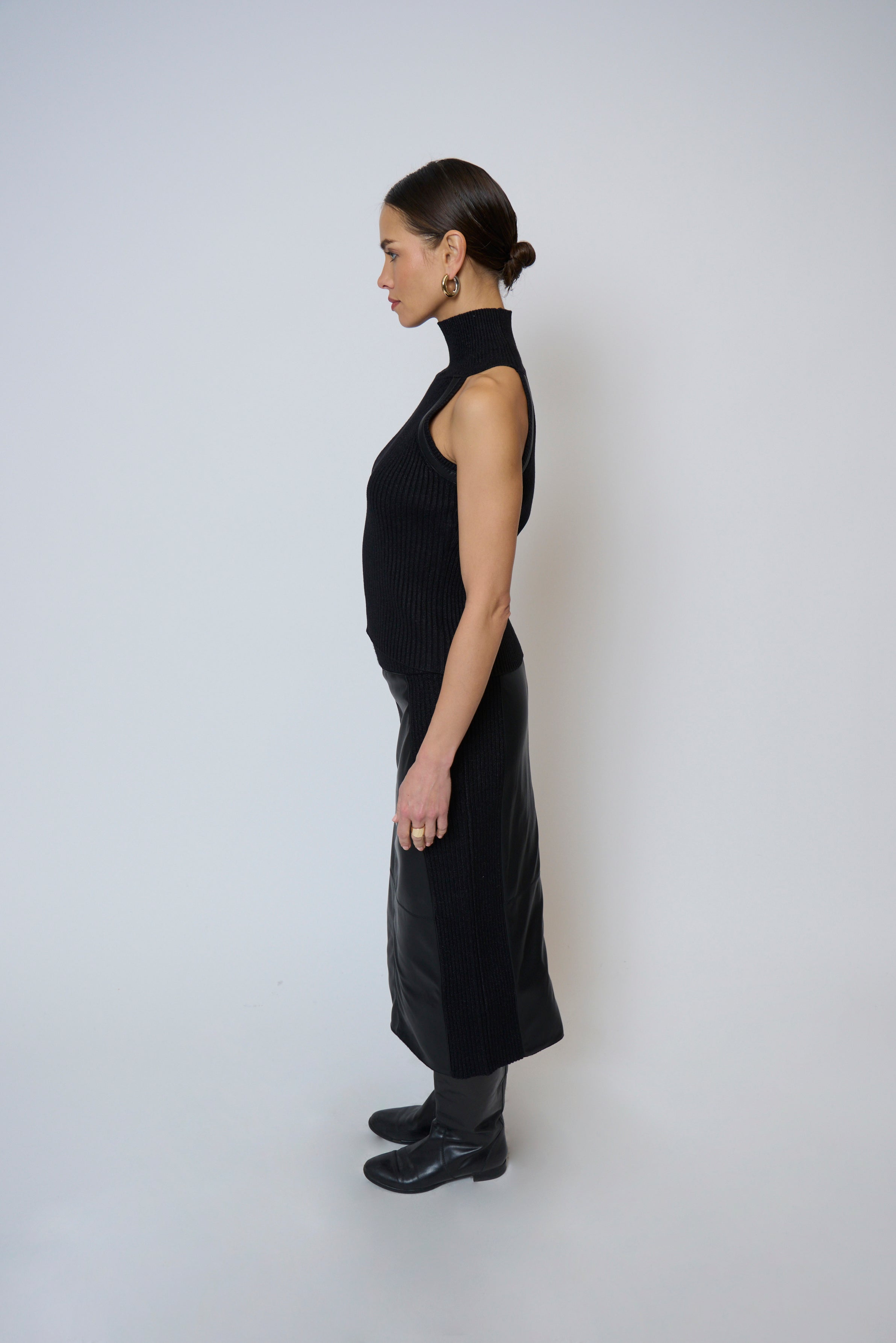 Milan Vegan Leather Accent Sleeveless T-Neck