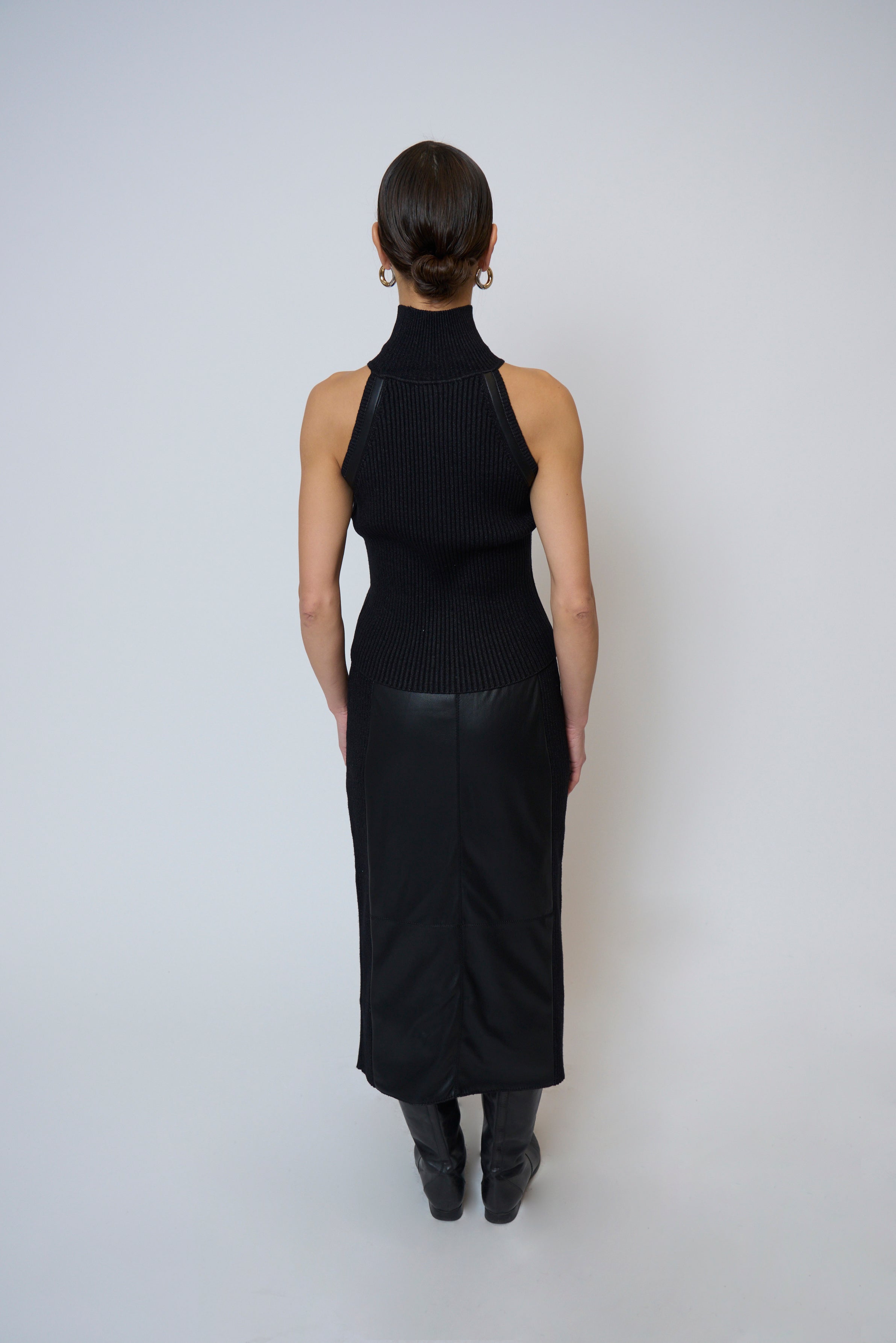 Milan Vegan Leather Accent Sleeveless T-Neck