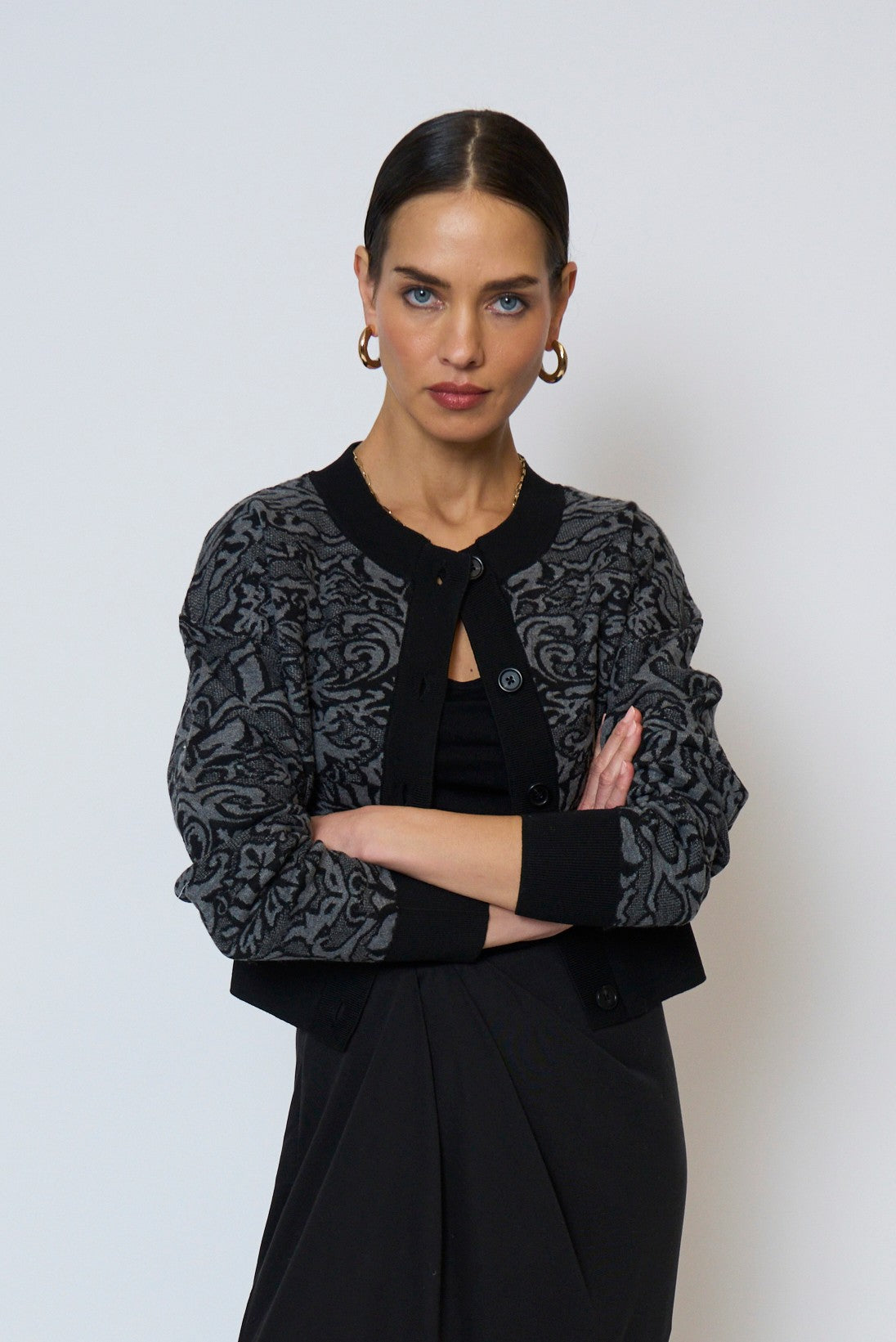 Isla Cropped Damask Jacquard Cardigan