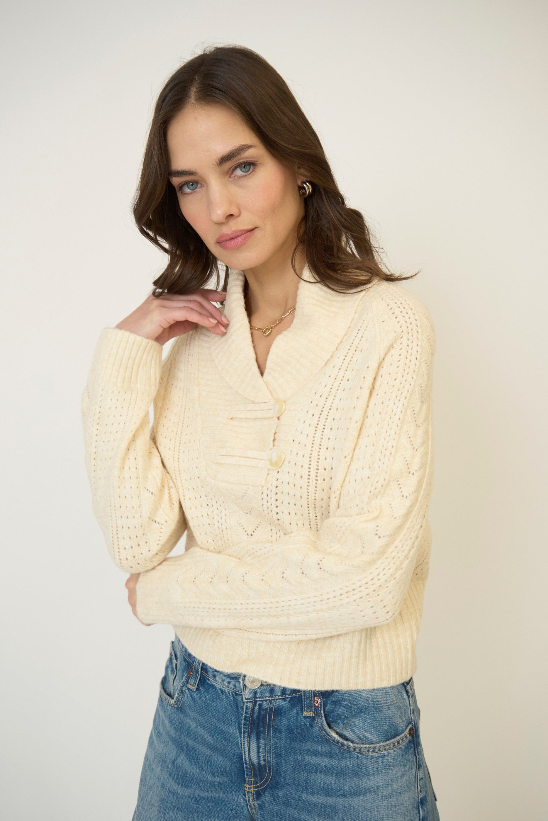 Rayna Shawl Collar Pointelle Cable Pullover