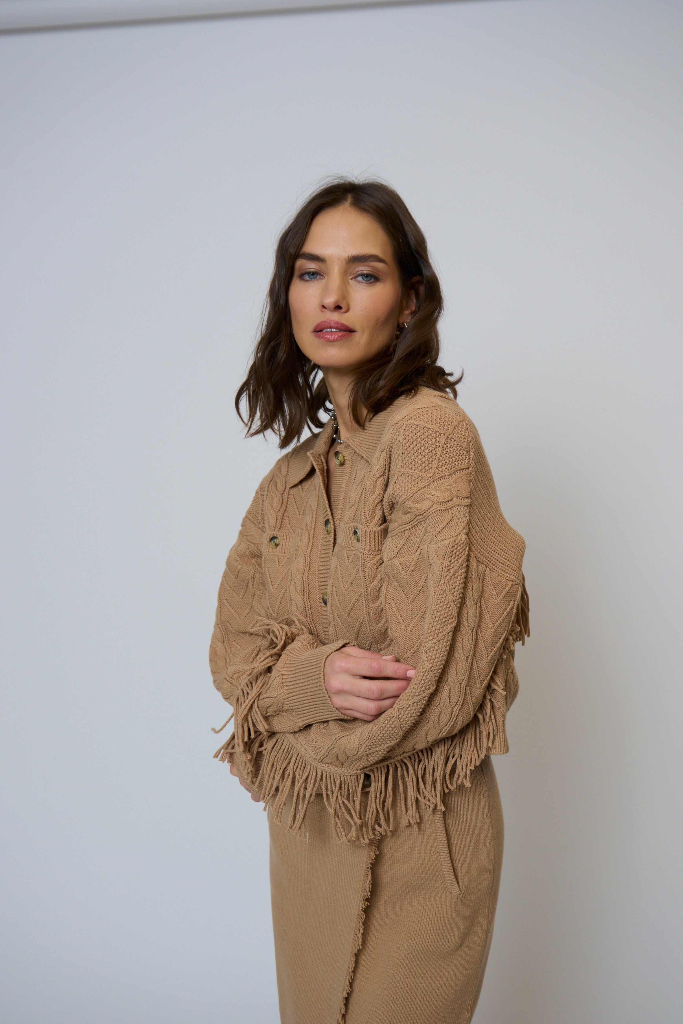 Elyse Cabled Fringe Sweater Cardigan