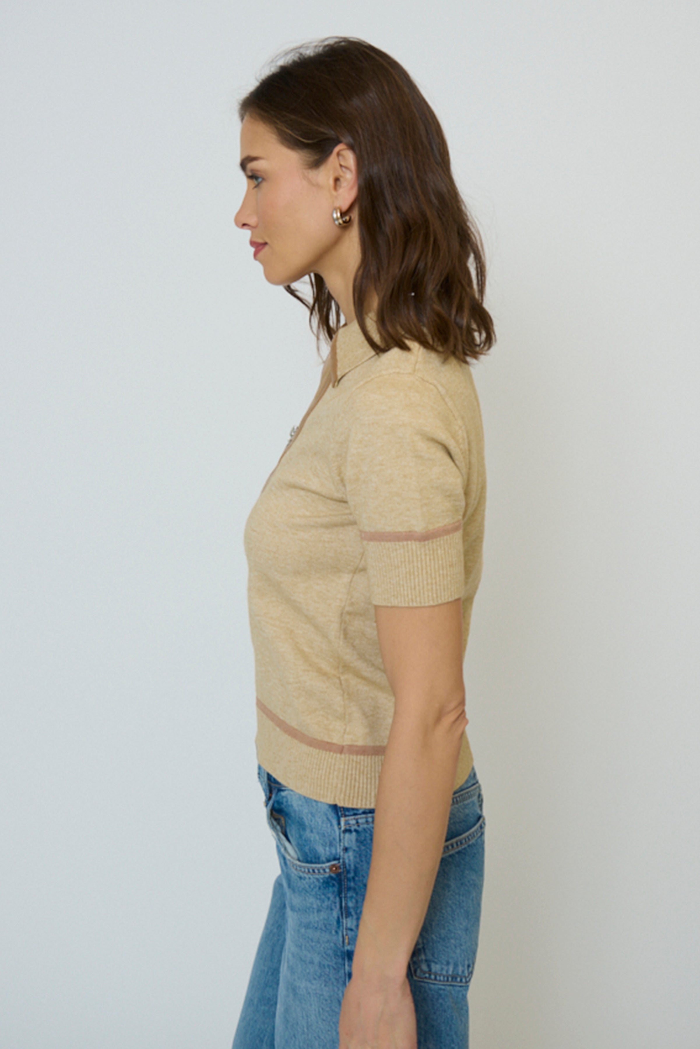 Atlast Vegan Leather Trim Zip Up Polo