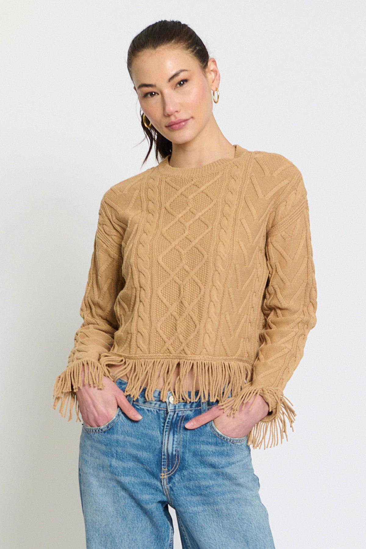 Phoebe Cabled Ls Fringe Sweater