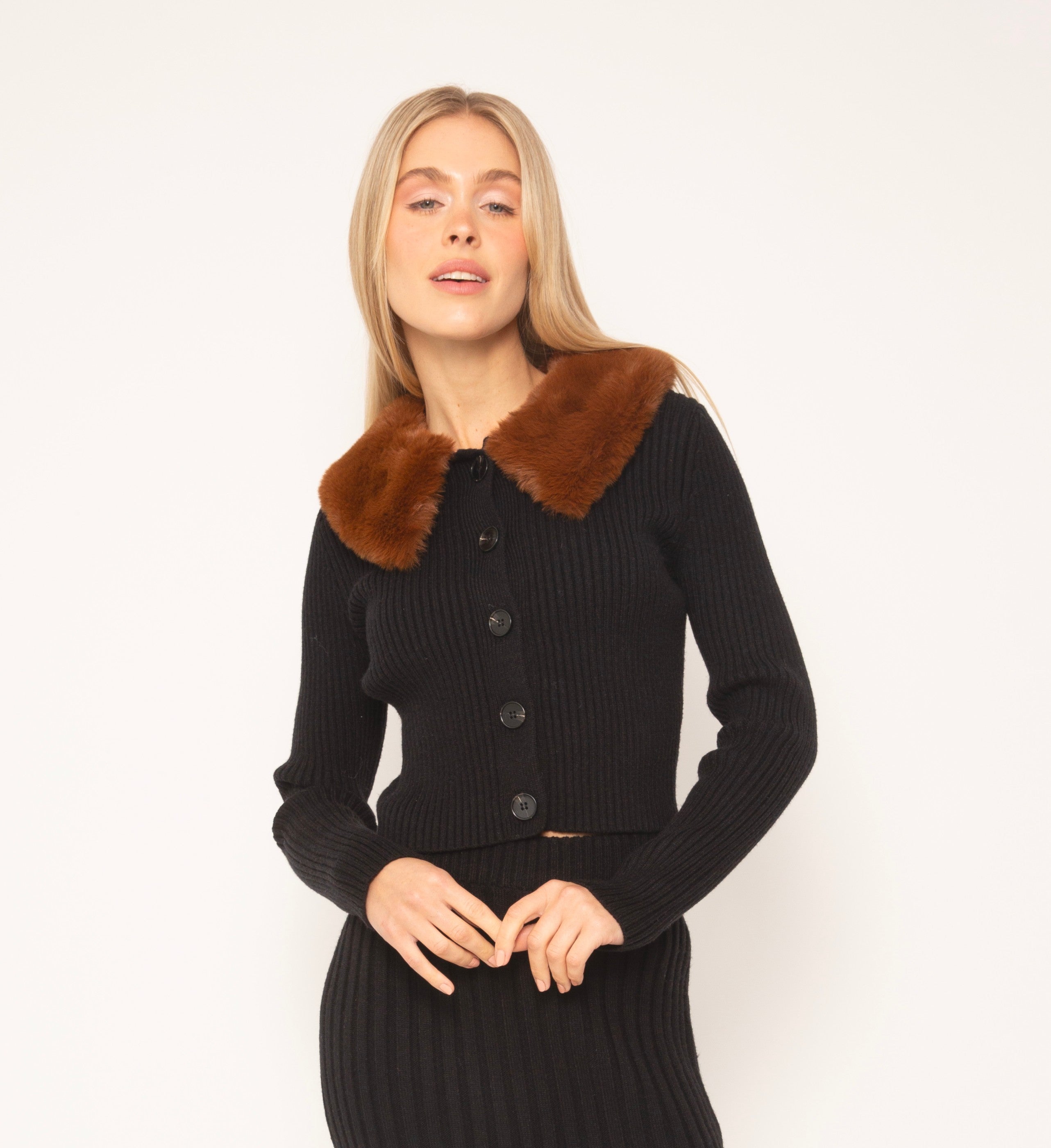 Nola Rib Cardigan W Faux Fur Collar