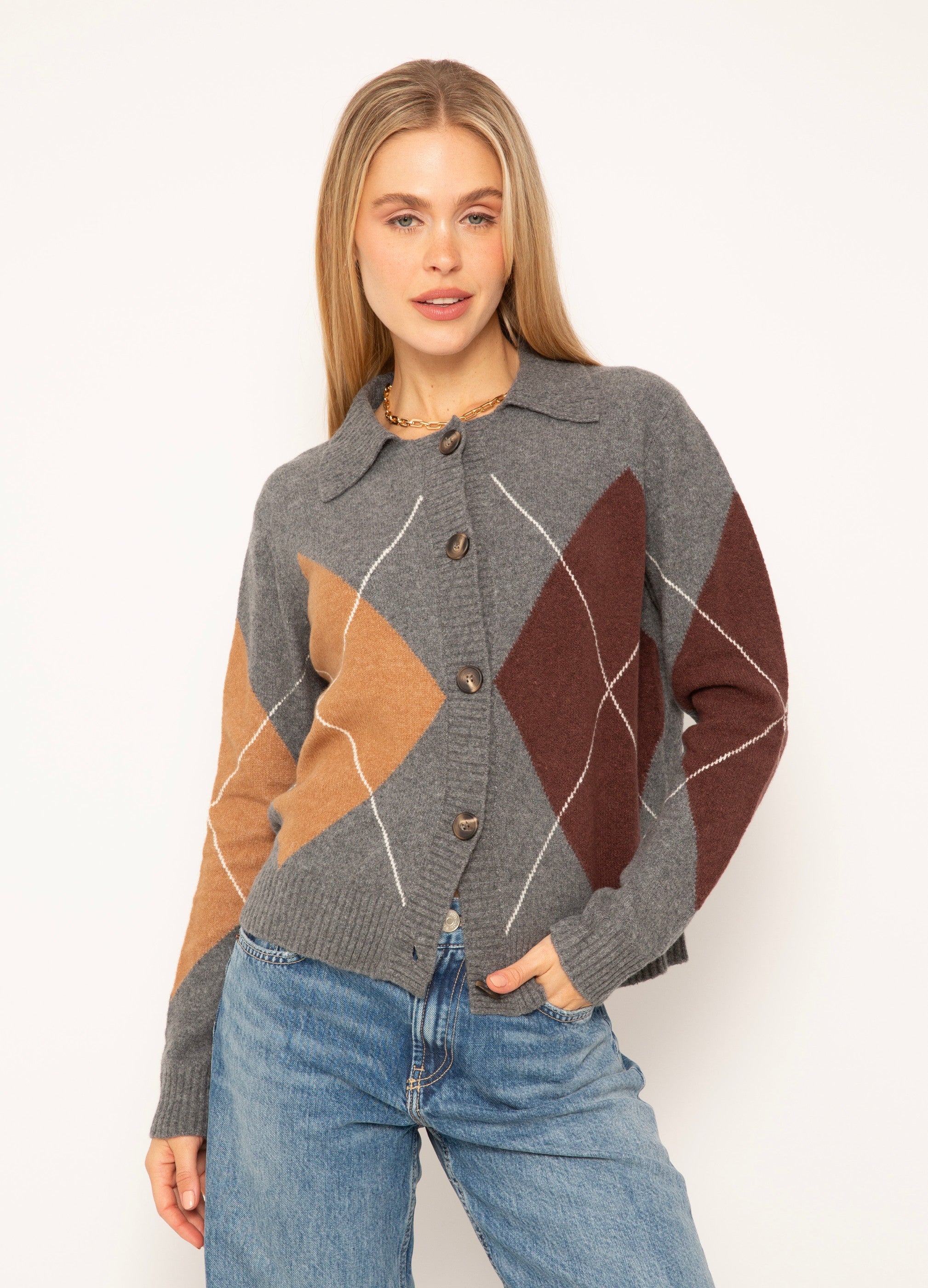 Roman Argyle Button Up Sweater