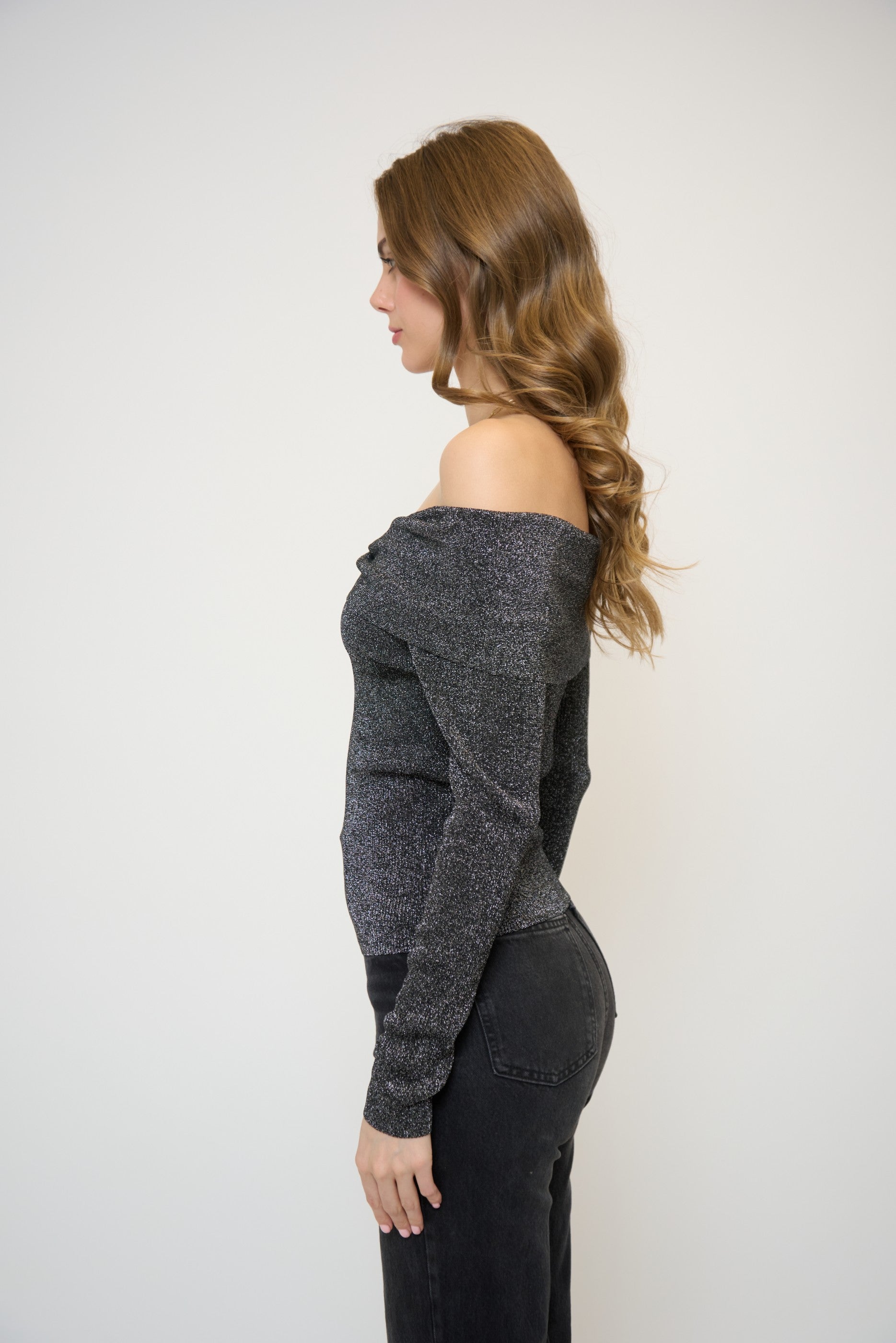 Colette Ribbed Lurex Off The Shoulder Sweater