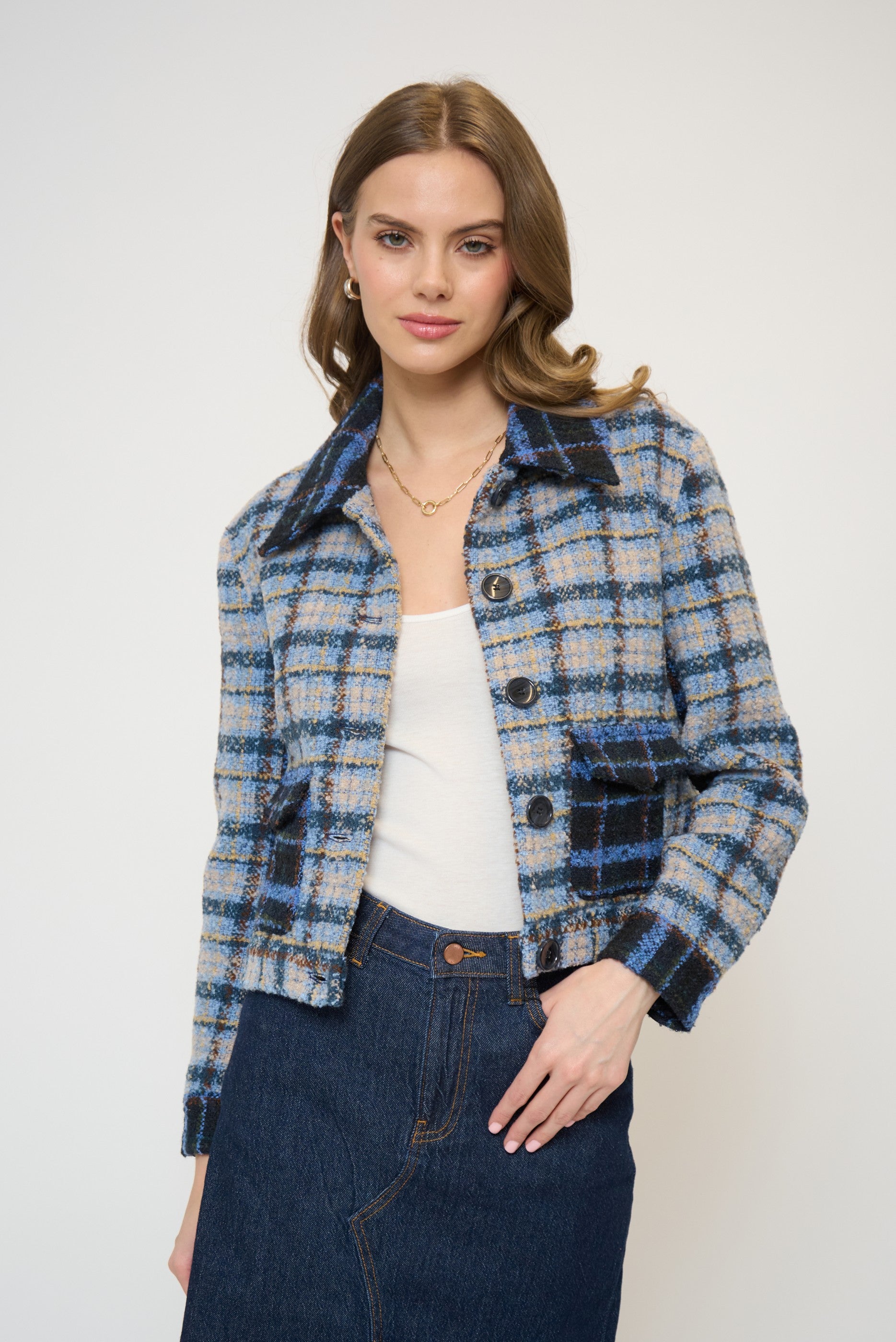 Daphne Cropped Mixed Plaid Patch Pocket Jacket