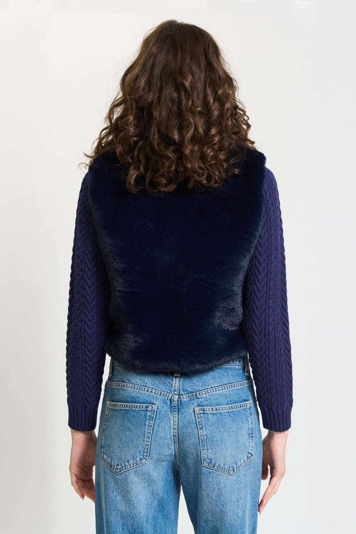 Lennox Cropped Fur Cabled Sleeves Sweater