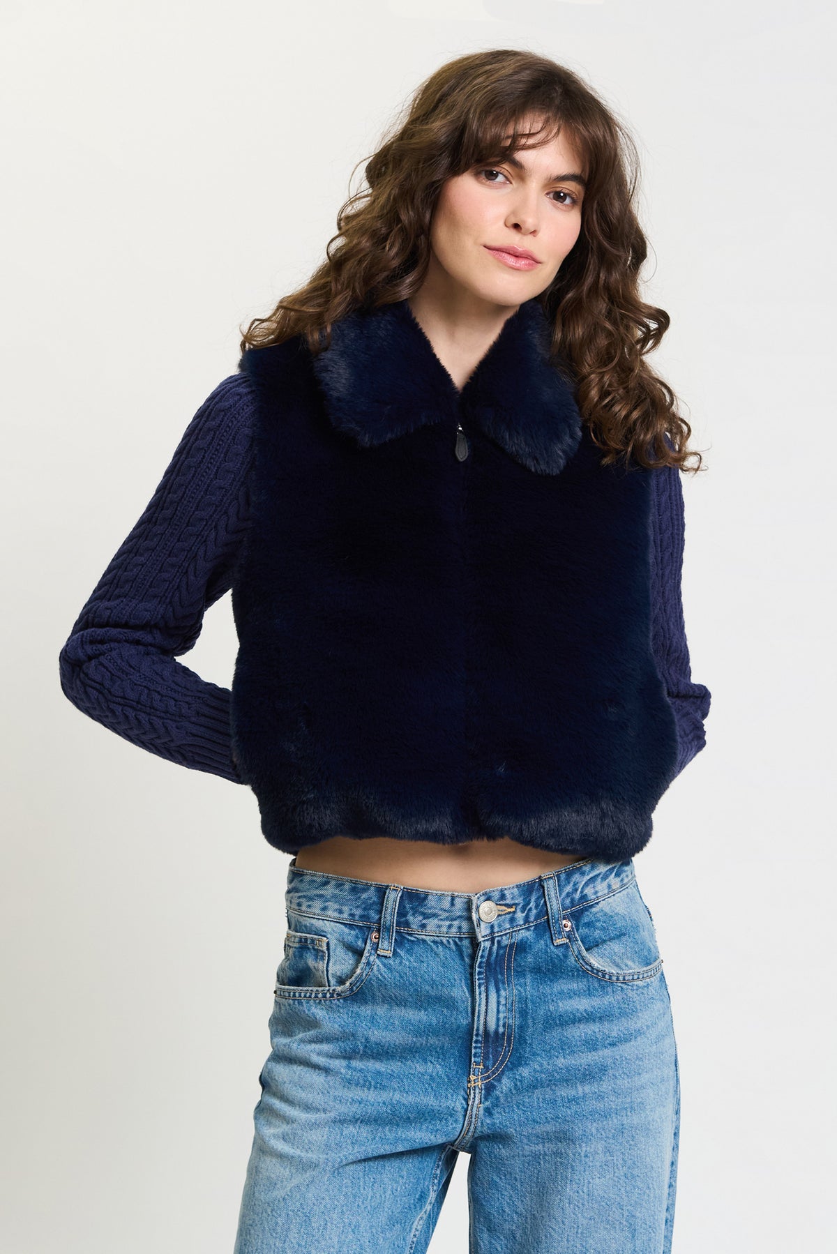 Lennox Cropped Fur Cabled Sleeves Sweater