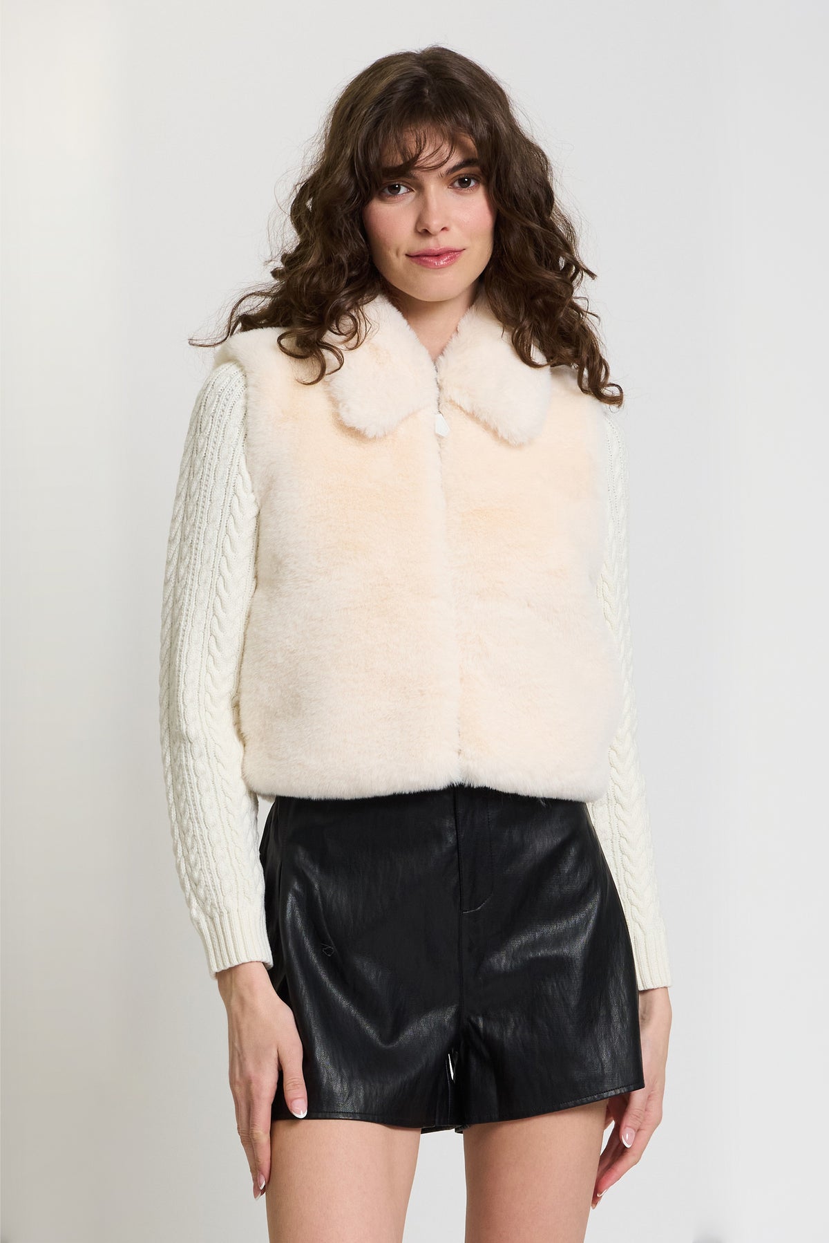 Lennox Cropped Fur Cabled Sleeves Sweater