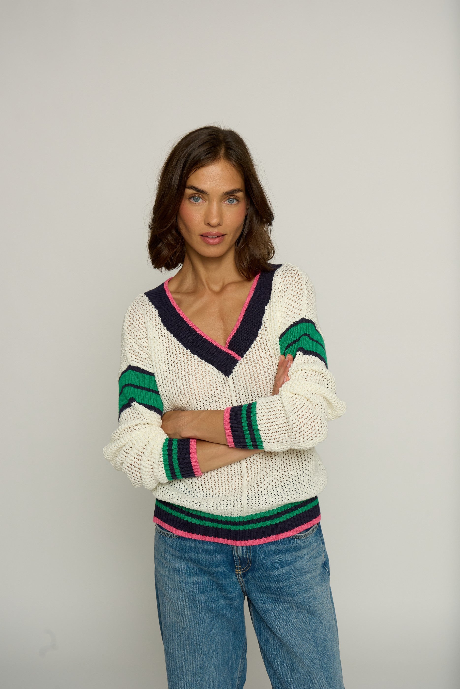 Varsity Stripe Mesh Sweater