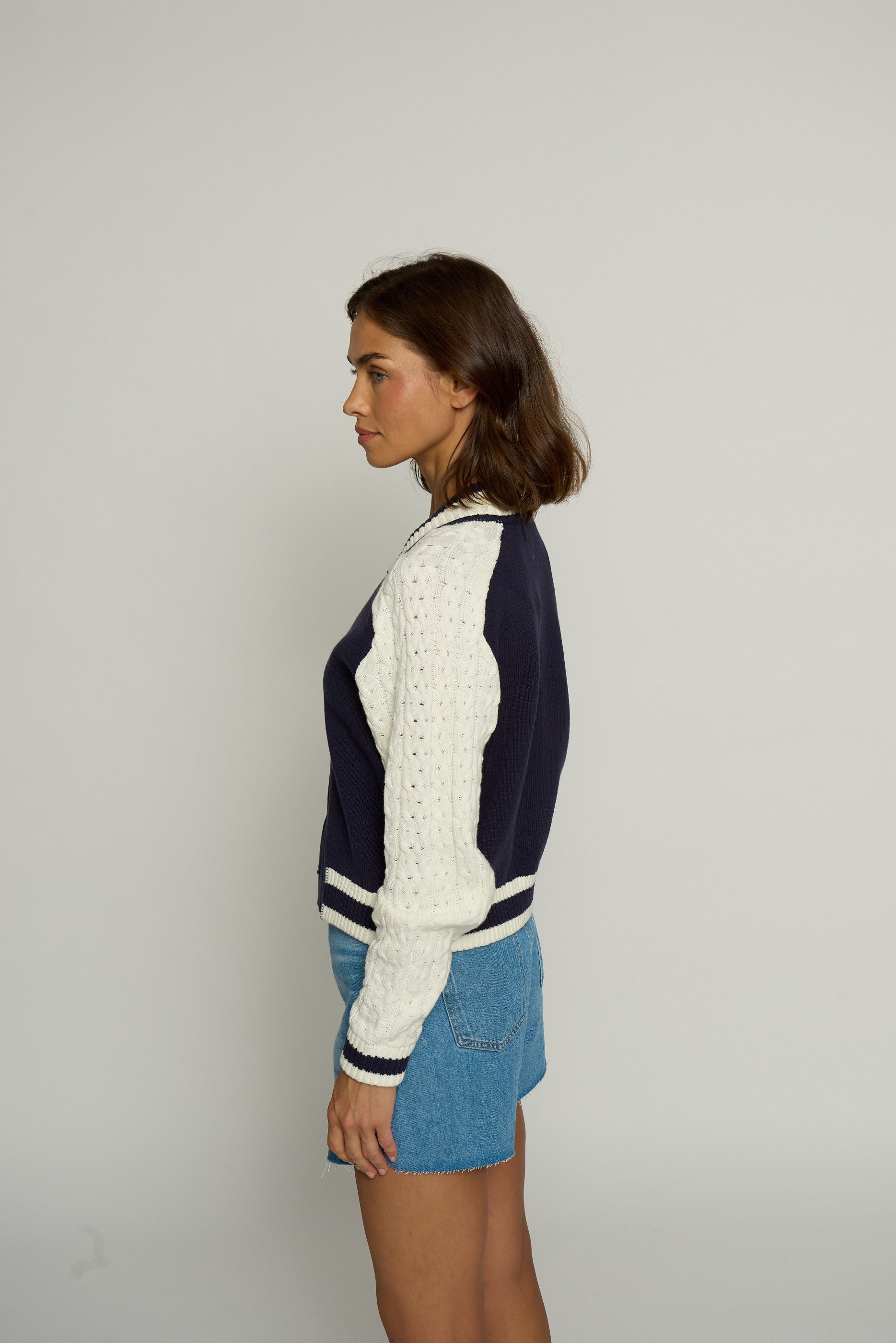 Cable Sleeve Knit Bomber