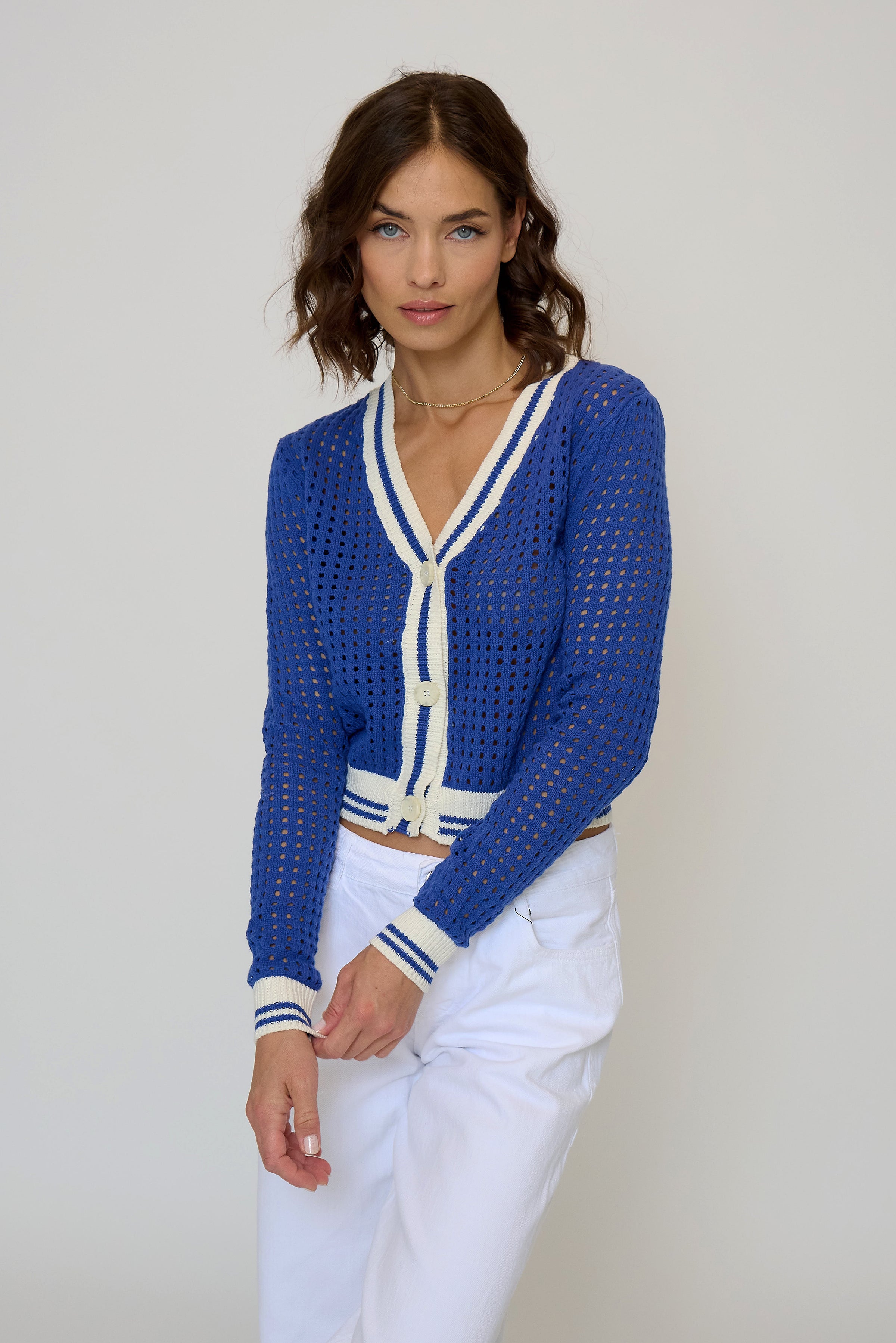 Junie Varsity Mesh Stitch Cardigan