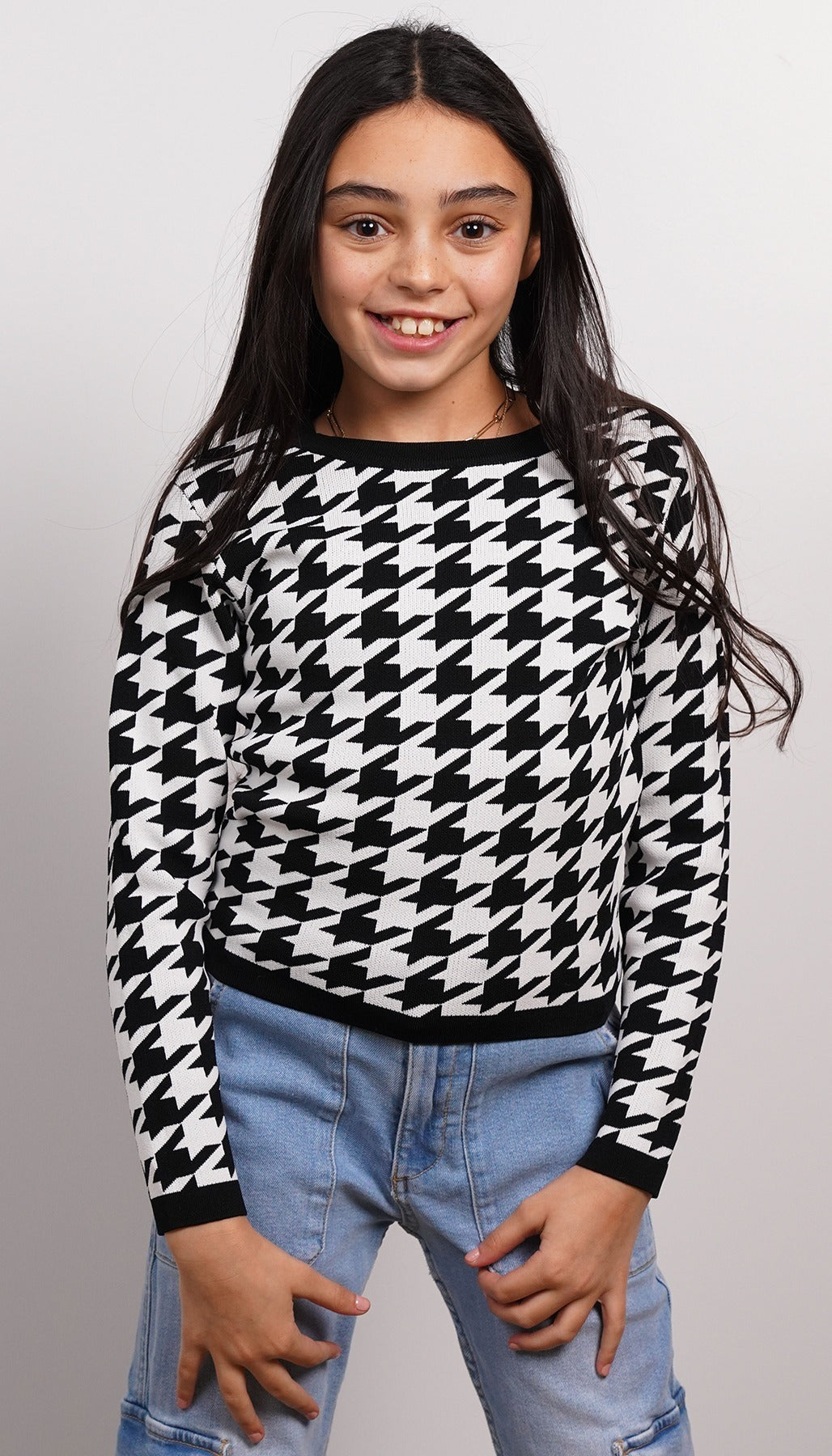 Everly Houndstooth Long Sleeve Top
