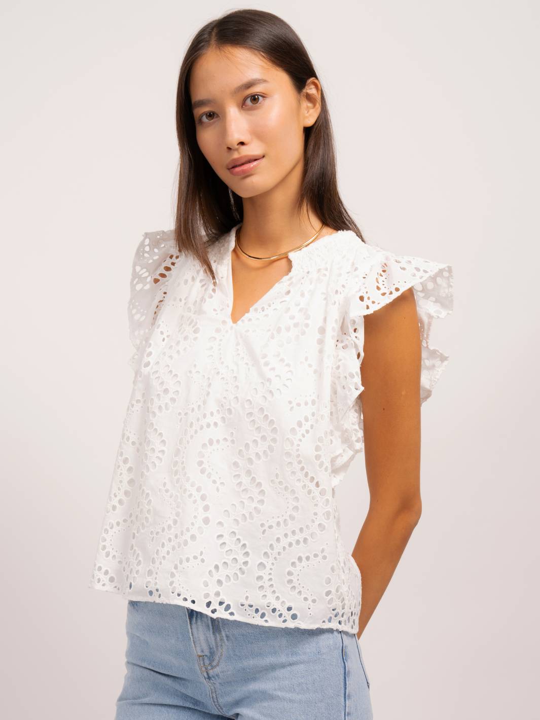 Liam Eyelet Ruffle Top